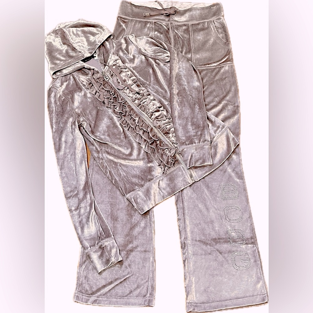 BCBG MaxAzria Ruffled Mauve Rose Velour Hoodie & Flared Pant Set NWT Medium $320